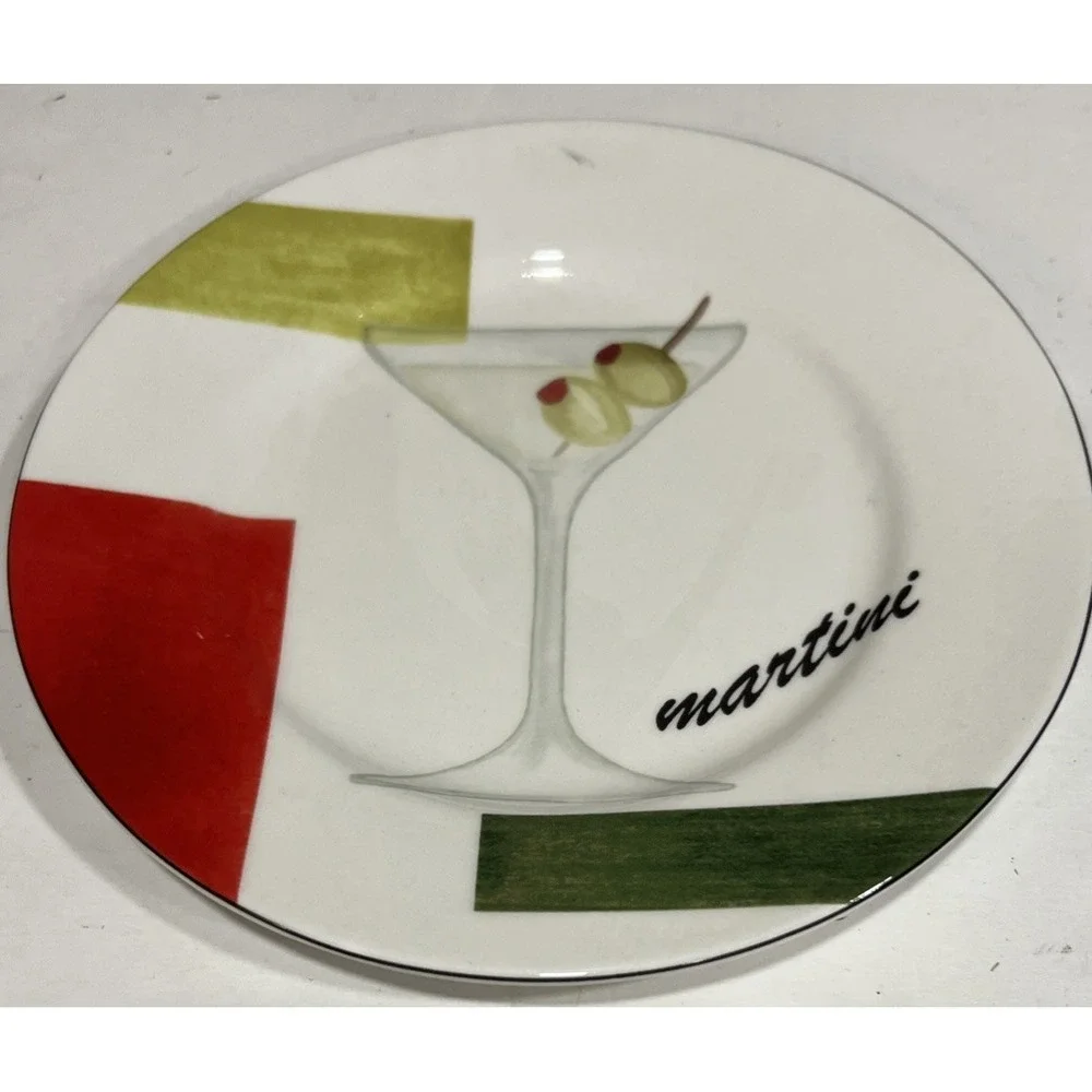 New W/Box American Atelier Canape Appetizer Plates Set of 4 Martini Cheers 6.5